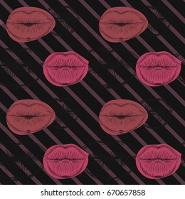 Seamless pattern with sketch of lips on spots. Drawn kisses. Creative repeating background. Can be used for wallpaper, textiles, wrapping, card, cover. Vector illustration, eps10