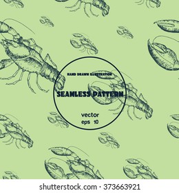 Seamless pattern. Sketch of lobster. Hand drawn illustration in line art style.