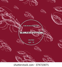 Seamless pattern. Sketch of lobster. Hand drawn illustration in line art style.