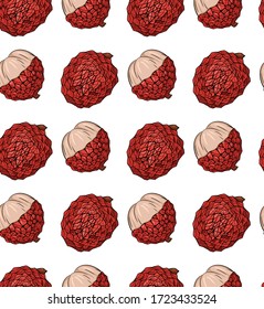 Seamless pattern with sketch lychee tropical fruit on a white background. Whole and half berries in row. Exotic delicious delicacy. Vector texture for menus, recipes and your design.