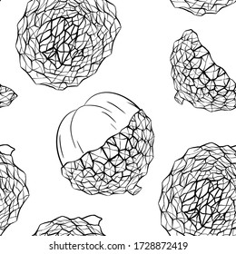 Seamless pattern with sketch lychee tropical fruit on a white background. Whole and half berries. Exotic delicious delicacy. Vector texture for menus, recipes and your design.