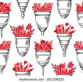 Patrón sin foco con tazas menstruales con flor roja plana en fila sobre fondo blanco. Cero objetos de desecho. Atención de salud ecológica. Textura vectorial para telas, fondos de pantalla y tu creatividad.