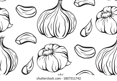 Seamless pattern sketch outline garlic illustration. Antibacterial product for health. Useful seasoning for cooking. Natural spice. Vector texture for wallpaper, packing, background and your design.