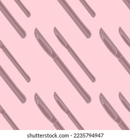 Seamless pattern sketch outline of a scalpel, knife silhouette. Surgical, dental, medical instrument
