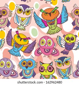 Seamless pattern sketch Owls on a pink background. vector