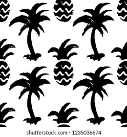 Seamless pattern with sketch palm trees, pineapples. Background in black and white