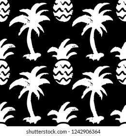 Seamless pattern with sketch palm trees, pineapples. Background in black and white