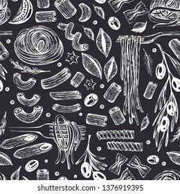 Seamless pattern with sketch pasta on the black background