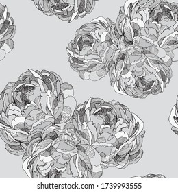 Seamless pattern sketch peony flower gray for fabric and textile print. Wallpaper design and wrapping vintage