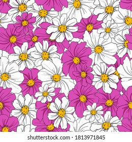 Esbozo de patrón sin fisuras flor de color rosa y de color blanco, diseño de fondo azul impreso para ilustración vectorial de ornamento textil y de tela