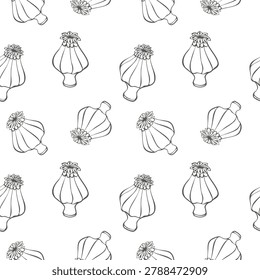 seamless pattern with sketch poppy seed heads on a white background. Black and white floral line art texture for wallpaper, packaging, and botanical fabric print.