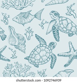 Seamless pattern with sketch of sea shells, fish, corals and turtle. Hand Drawn vector