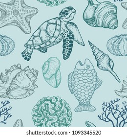 Seamless pattern with sketch of sea shells, fish, corals and turtle. Hand Drawn illustration. Seal Ocean life