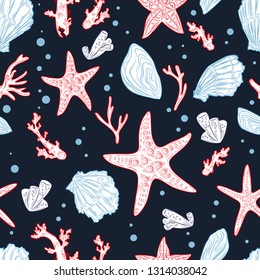 Seamless pattern with sketch of sea shells, fish, corals and sea animals. Shell, cuttlefish, coral, oyster, crab