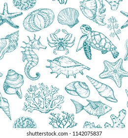 Big sea life animals hand drawn sketch set. doodles of fish, shark,  octopus, starfish and crab, whale and sea turtle, seahorse and seashells  and lette Stock Vector Image & Art - Alamy