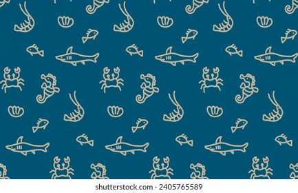 Seamless pattern with sketch of Seal Ocean life organisms shells, fish,  crab and seahorse.