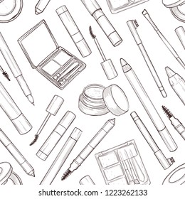 Seamless pattern of sketch set makeup products