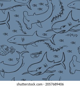 Seamless pattern with sketch shark. Background for textile, fabric, clothes, wrapping paper, socks, web, stationery and other designs.