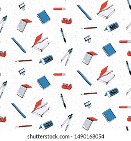 Seamless pattern with sketch stationery items and school supplies. Blue and red on a white background.