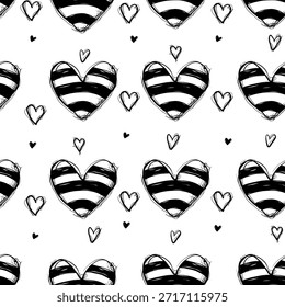 Seamless pattern with sketch striped hearts and small doodle elements. Bold black-and-white romantic texture for packaging, textiles, cards and modern decor