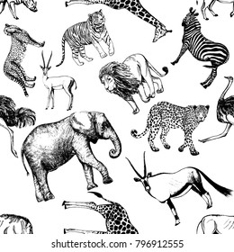 Seamless pattern of sketch style animals. Vector illustration isolated on white background.