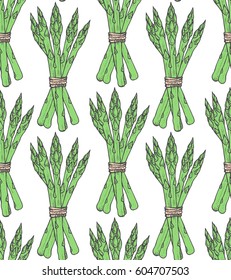 Seamless pattern with sketch style asparagus bunch. Tile vegetarian background elements