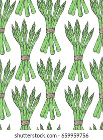 Seamless pattern with sketch style asparagus bunch.  Vegetarian background elements. Appetizing colors