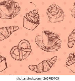 Seamless pattern with sketch style bakery products and coffee cup