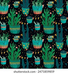 seamless pattern with sketch style cacti and succulents in pots and decorative flags, vector illustration