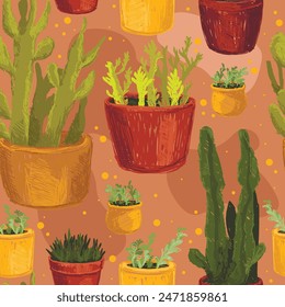 seamless pattern with sketch style cacti and succulents in pots, vector illustration