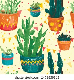 seamless pattern with sketch style cacti and succulents in pots and decorative flags, vector illustration