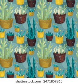 seamless pattern with sketch style cacti and succulents in pots, vector illustration