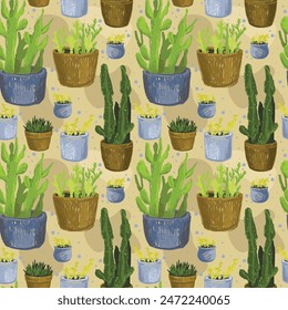 seamless pattern with sketch style cacti and succulents in pots, vector illustration