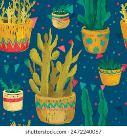 seamless pattern with sketch style cacti and succulents in pots and decorative flags, vector illustration