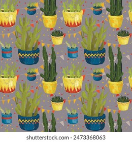 seamless pattern with sketch style cacti and succulents in pots and decorative flags, vector illustration