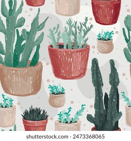 seamless pattern with sketch style cacti and succulents in pots, vector illustration