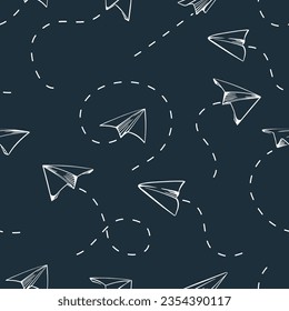 seamless pattern sketch style chalk drawn airplanes in white on a blue background vector