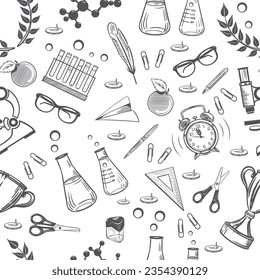 seamless pattern sketch style chalk school supplies in dark color on white background vector