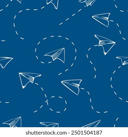 Diseño sin fisuras del bosquejo del estilo de tiza dibujado aviones en blanco sobre un Vector de fondo azul