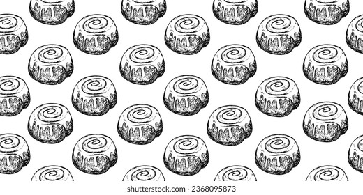 Seamless pattern with sketch style cinnamon rolls with glaze. Background with engraving style cinnamon bun. Texture with hand drawn dessert. Black and white twisted bun