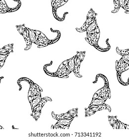 Seamless pattern of sketch style clouded leopards. Vector illustration isolated on white background.
