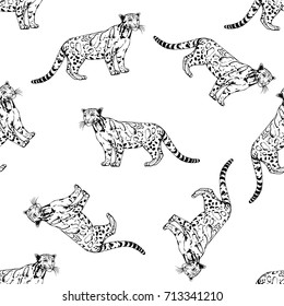 Seamless pattern of sketch style clouded leopards. Vector illustration isolated on white background.