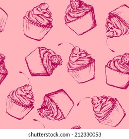 Seamless pattern with sketch style cupcakes in pink colors