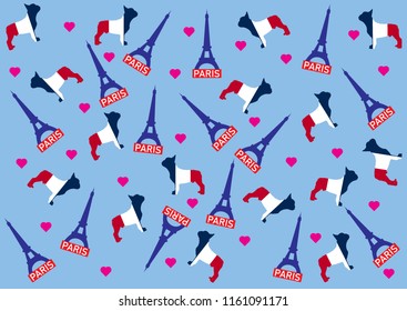 Seamless pattern and sketch style Eiffel Tower and french bulldog. Vector illustration isolated on blue background.