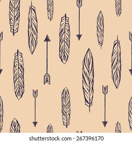 Seamless pattern with sketch style feathers and arrows
