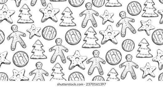 Seamless pattern with sketch style gingerbread man, star, Christmas tree. Background with engraving style cookies. Black and white hand drawn ginger bread