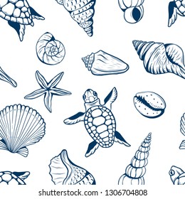 seamless pattern, sketch style hand drawn seashells with starfish and turtles isolated on white