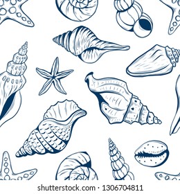 seamless pattern, sketch style hand drawn seashells with starfish isolated on white
