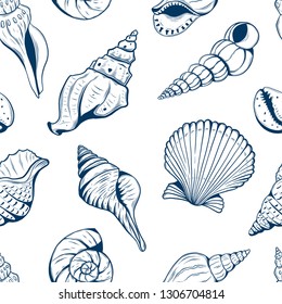 seamless pattern, sketch style hand drawn seashells isolated on white