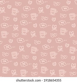Seamless pattern, sketch style, hand drawn doodle elements, love and coffee collection